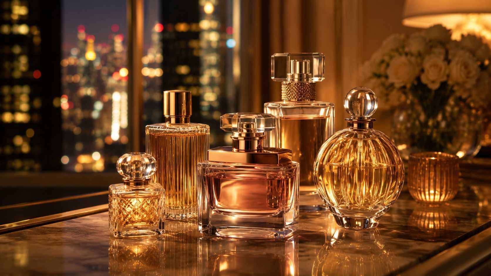 Glamorous perfume still life with city lights -