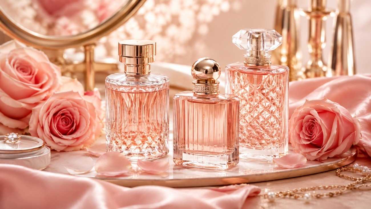 Modern rose fragrance bottles on a vanity with