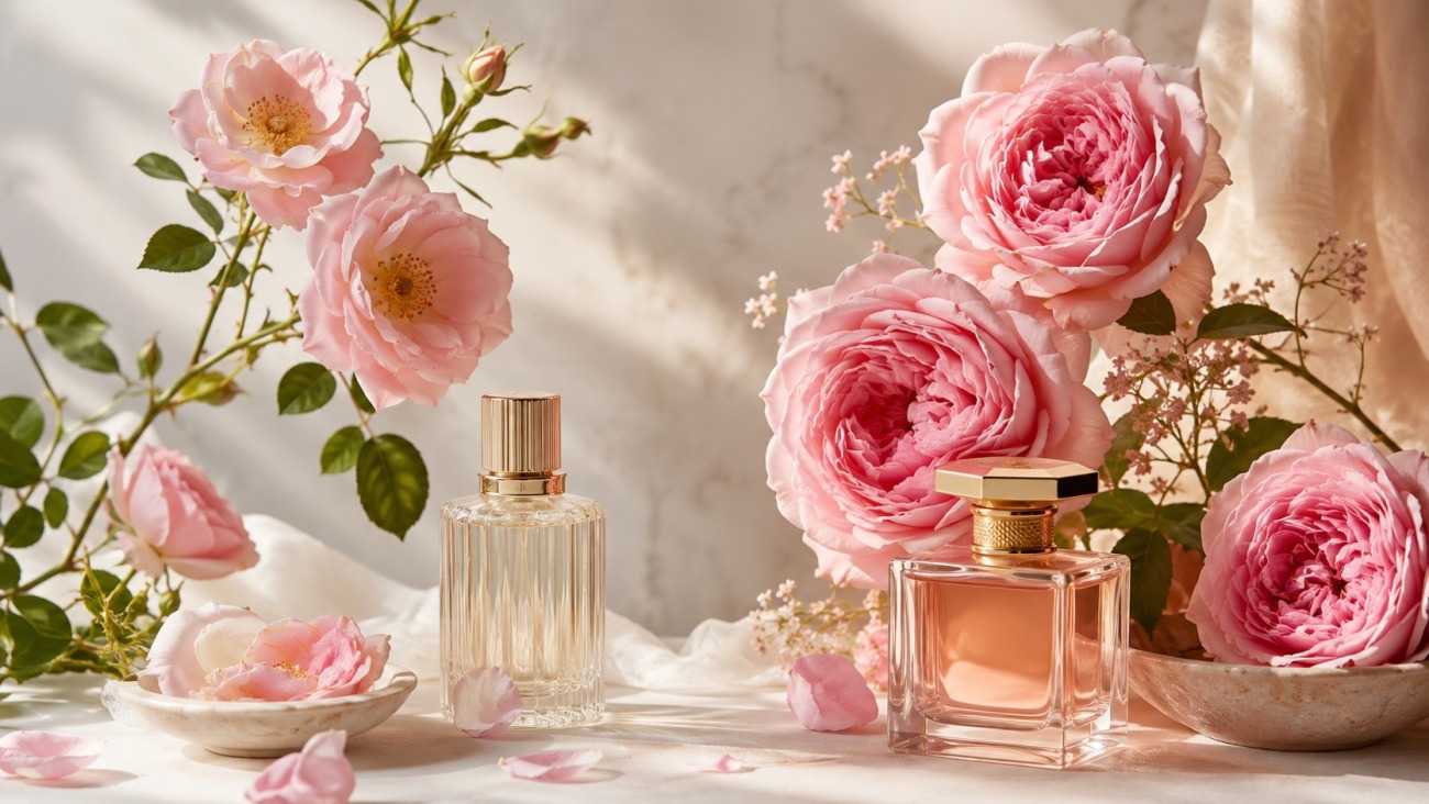 Modern rose perfume bottles displayed with