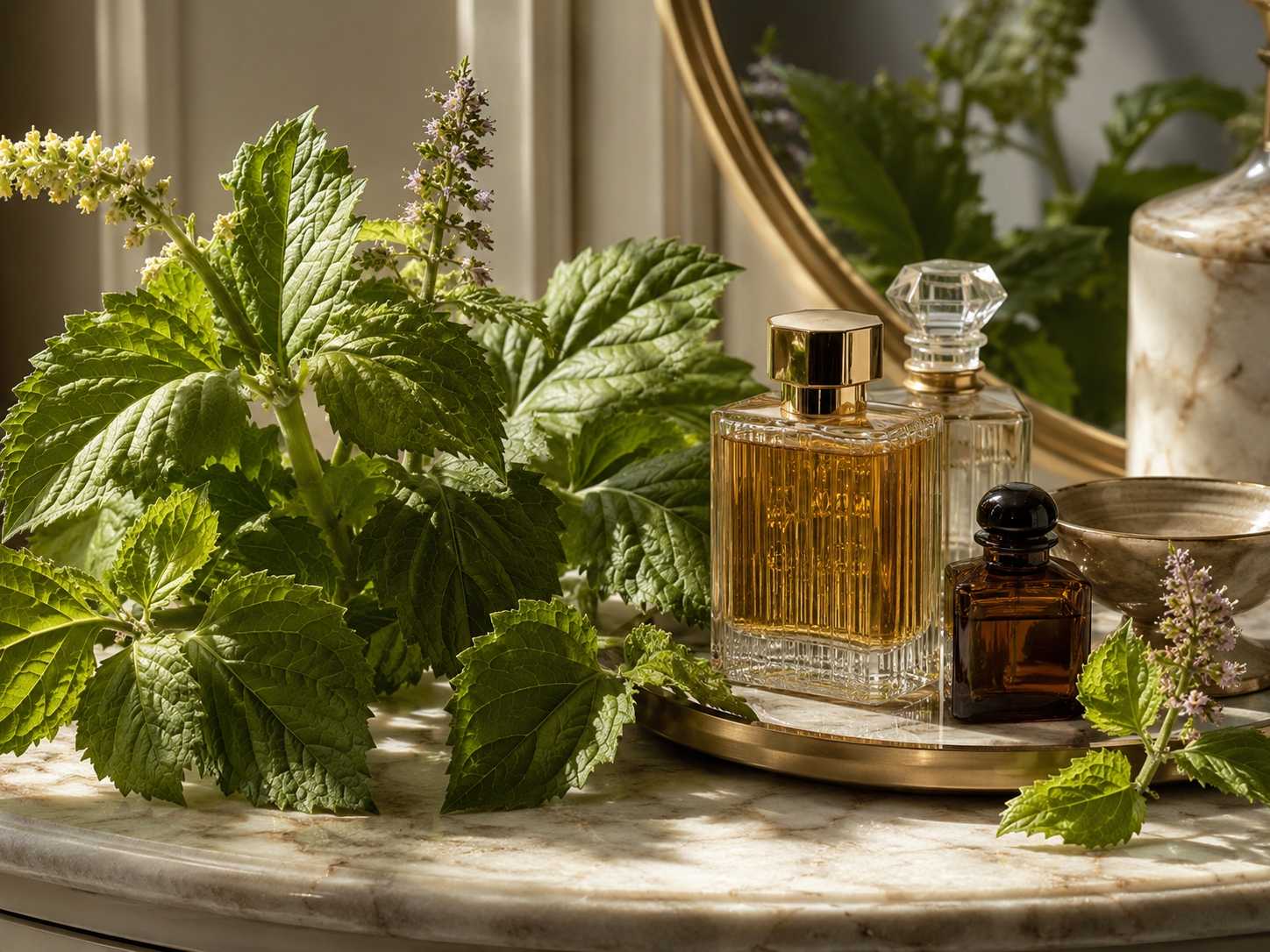 Patchouli perfume bottles on an elegant vanity