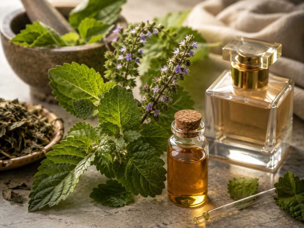 Patchouli perfume with fresh green leaves in a