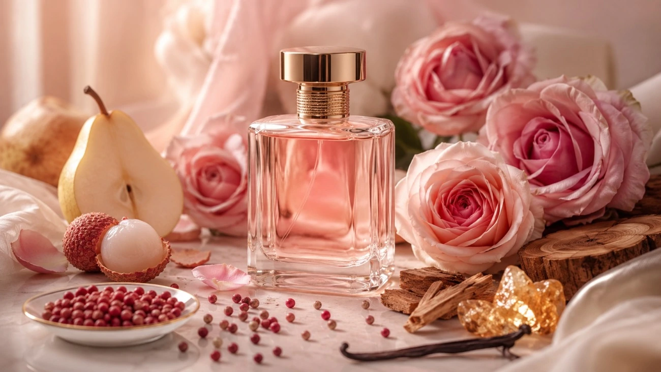 Rose perfume with pear, lychee, pink pepper,