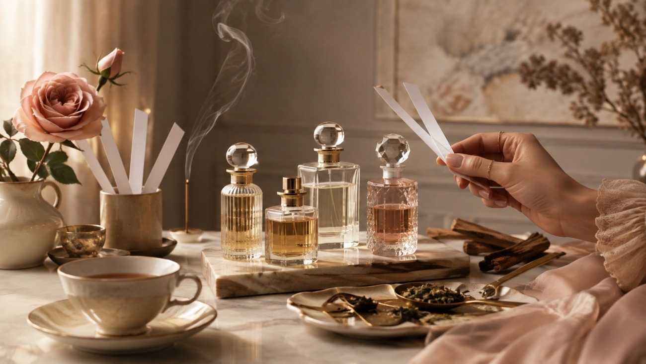 Woman holding a niche perfume bottle beside a