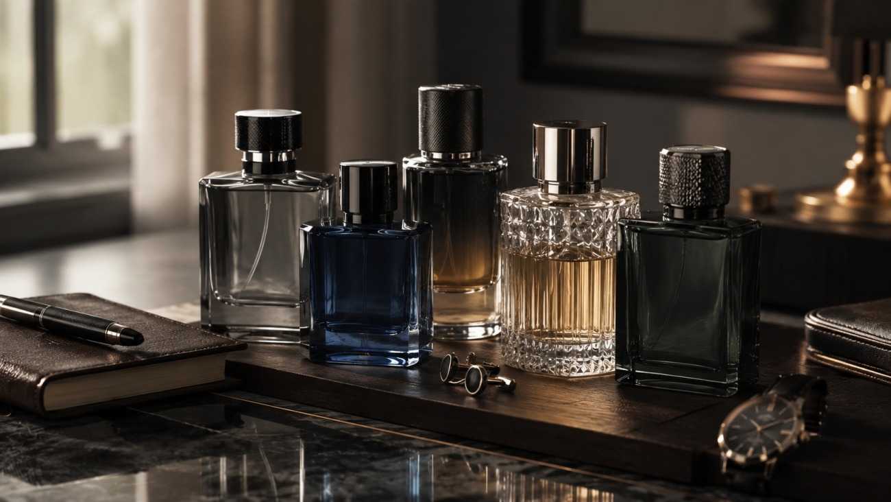 elegant grooming essentials on dark wood