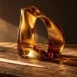 Amber glass and a fragrance blotter sit on dark
