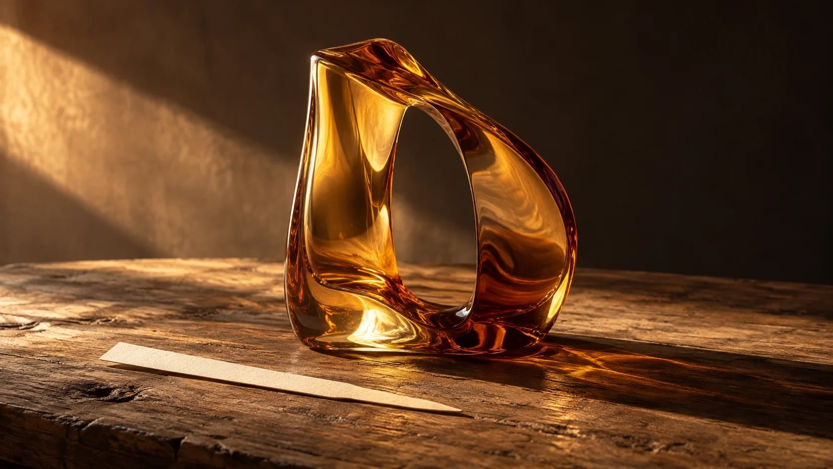 Amber glass and a fragrance blotter sit on dark