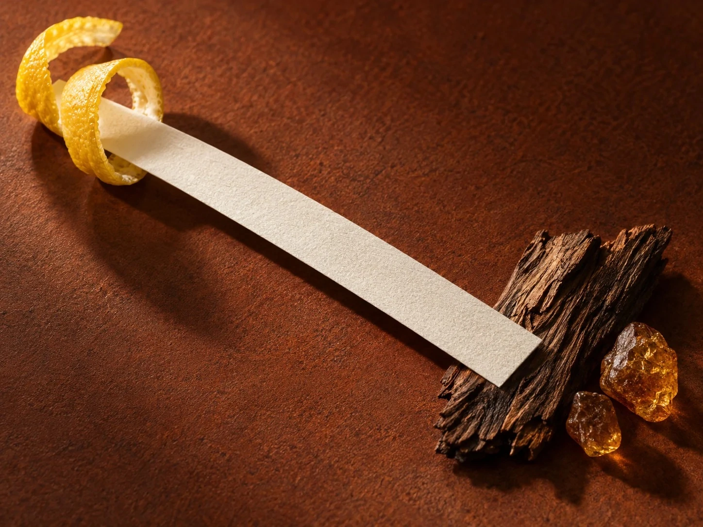 A paper fragrance blotter crosses a rust-coloured