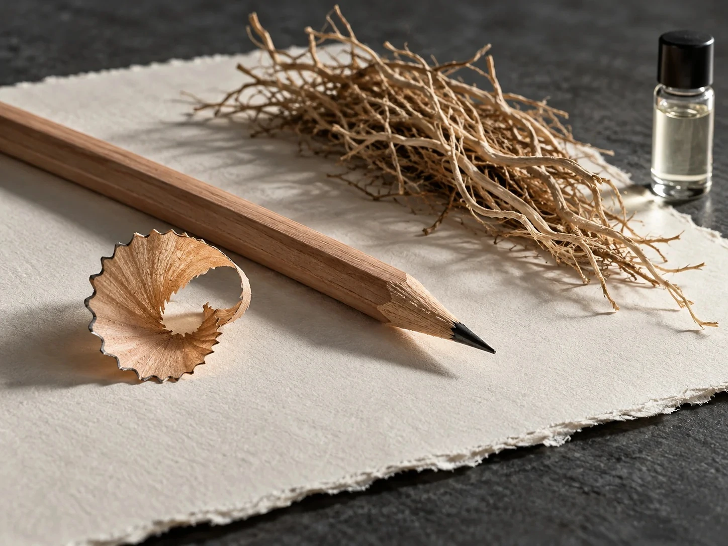 A cedar pencil, a wood shaving and vetiver roots