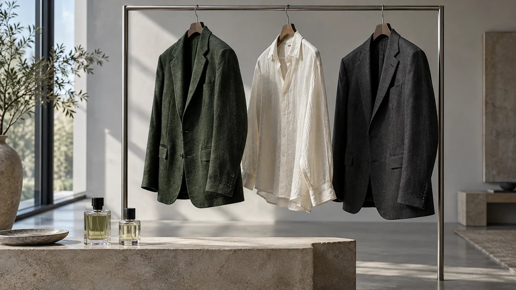 Green and charcoal jackets and an ivory shirt