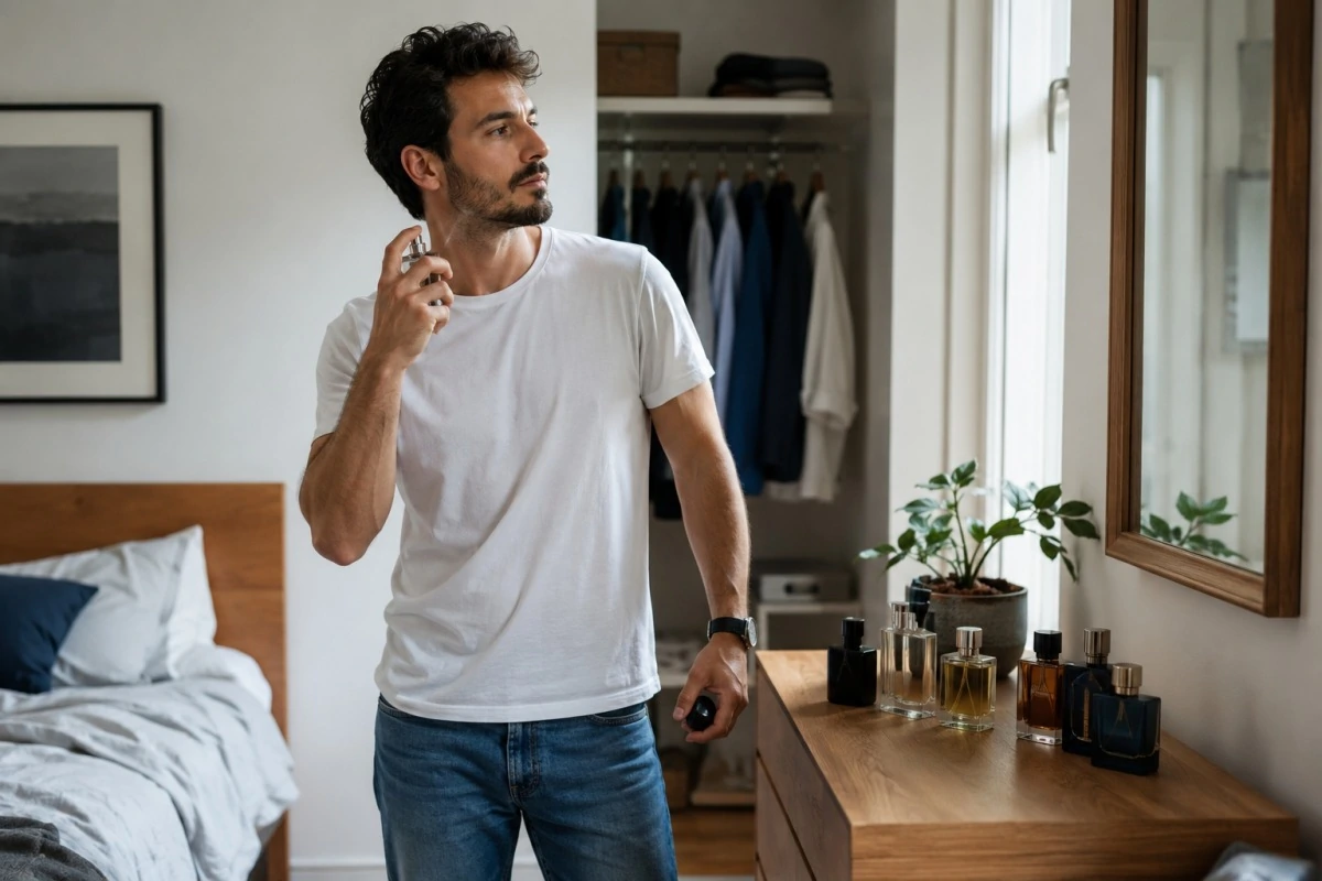Man applying an affordable everyday cologne