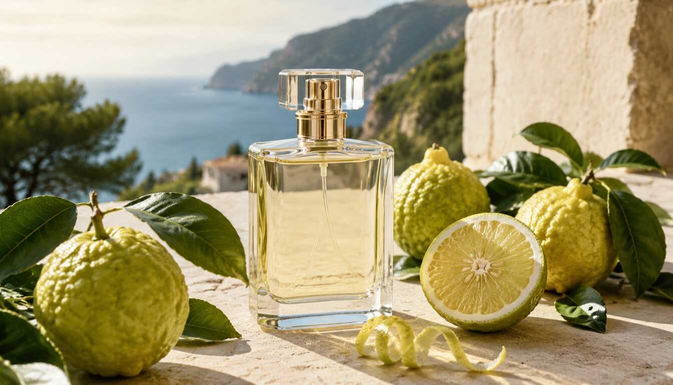 Bergamot perfume with fruit and leaves
