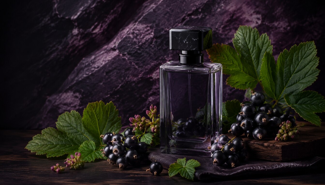 Blackcurrant perfume with berries and leaves