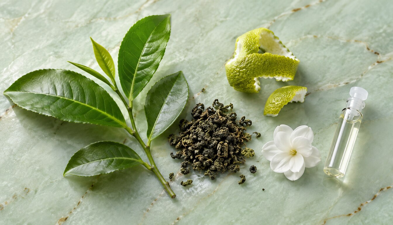 Green tea leaves, bergamot and jasmine