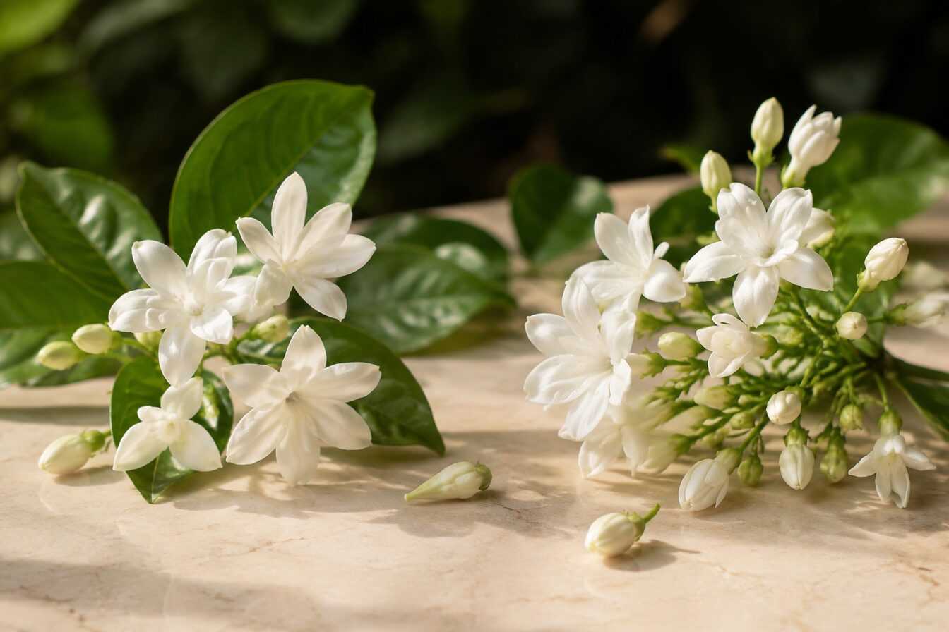 White jasmine flowers, buds and green leaves