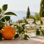 Orange blossom perfume with flowers and leaves