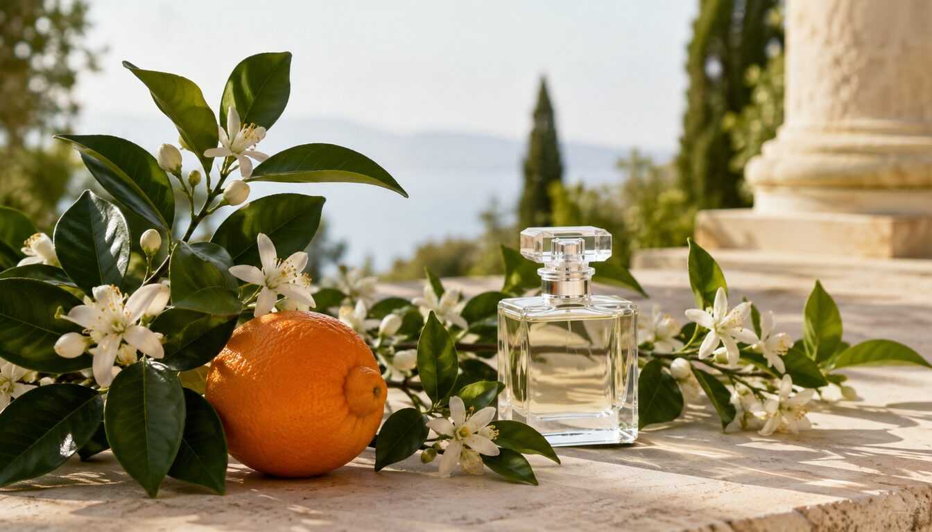Orange blossom perfume with flowers and leaves