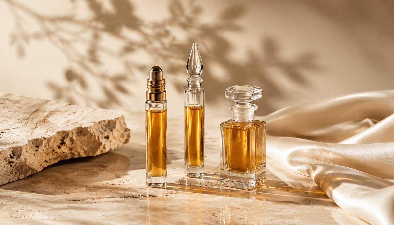 Perfume oils in rollerball and glass bottles