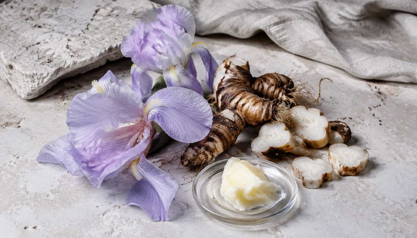 Iris rhizomes and flowers used in orris perfume