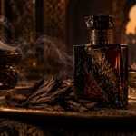Arabian oud perfume bottle with incense smoke and