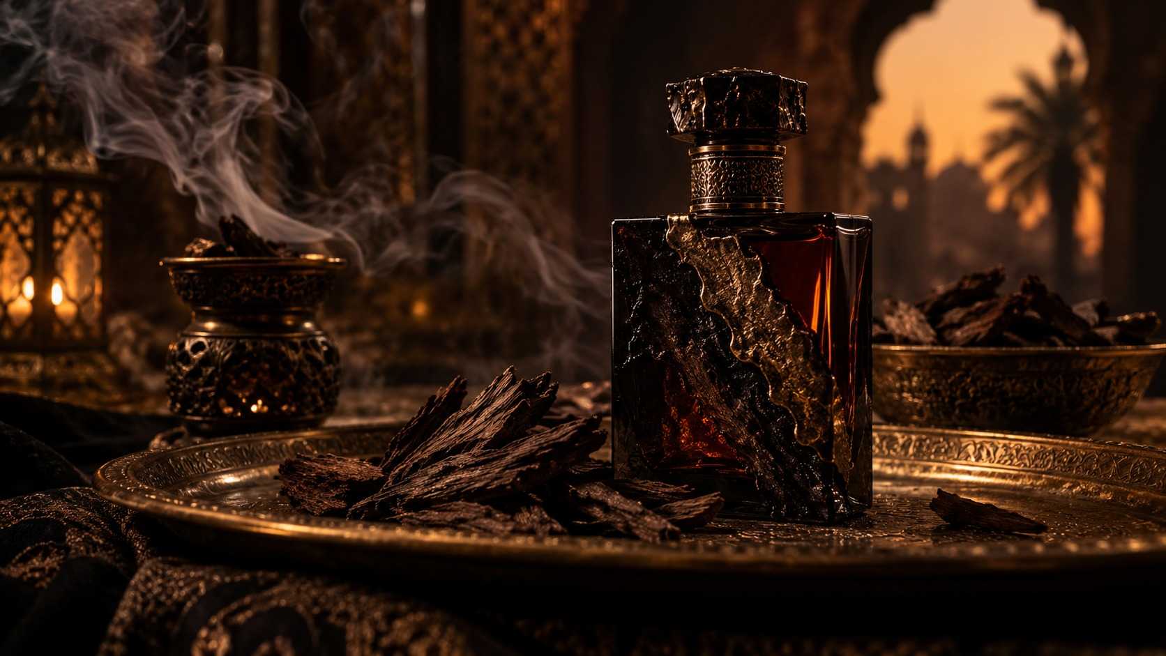 Arabian oud perfume bottle with incense smoke and