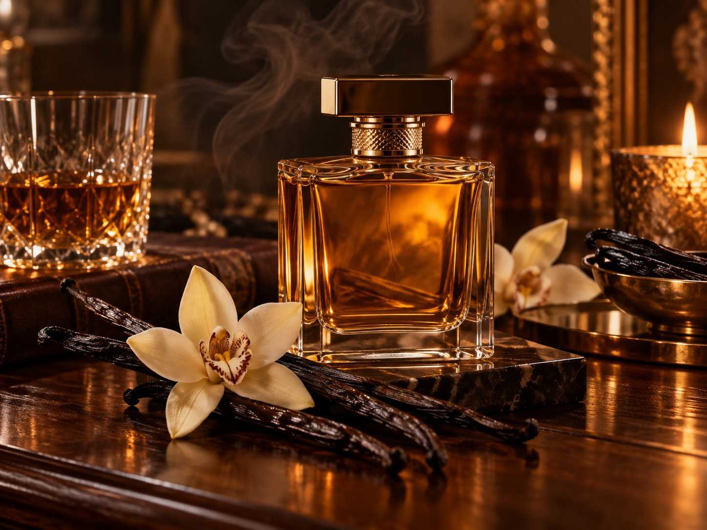 Vanilla bourbon perfume bottle with warm amber