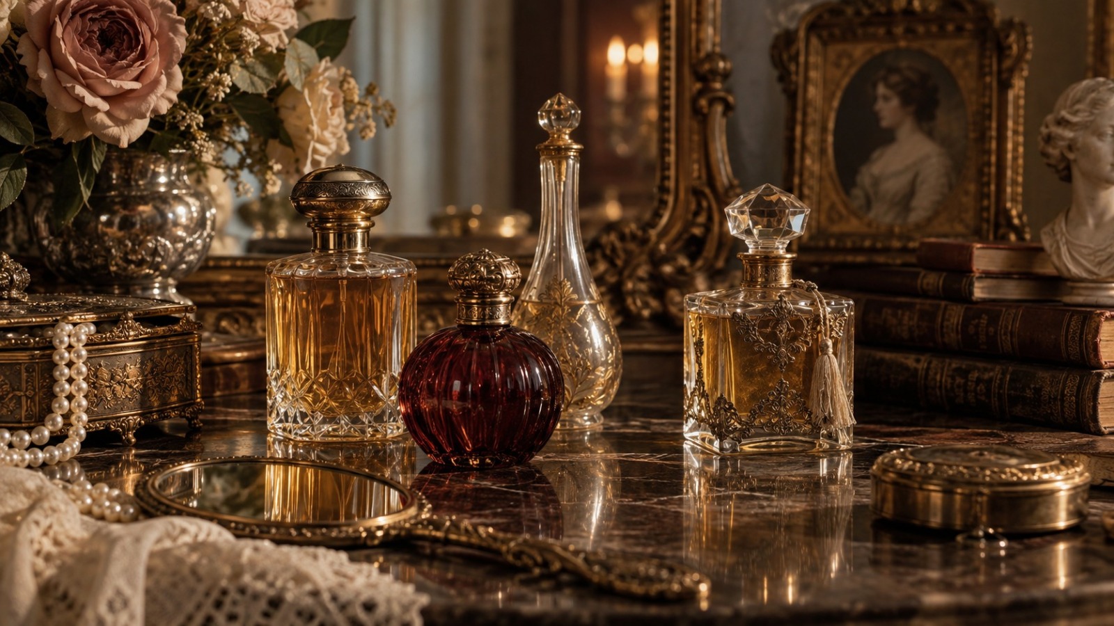Vintage perfume bottles on an antique vanity with