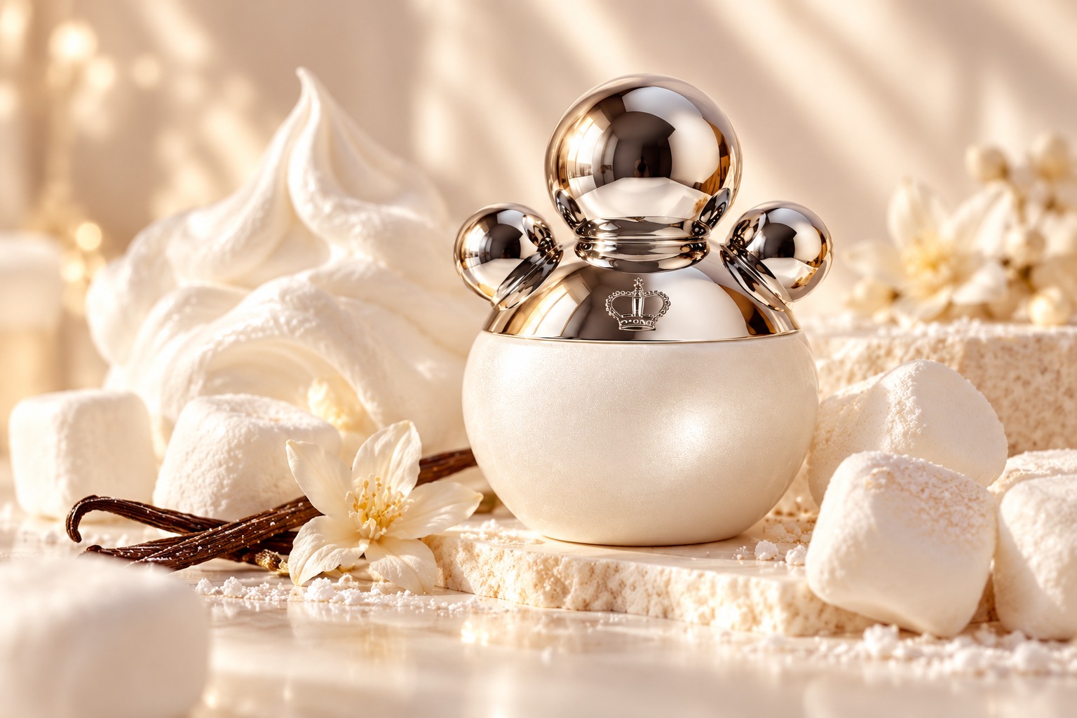 Perfume bottle with vanilla marshmallows in a