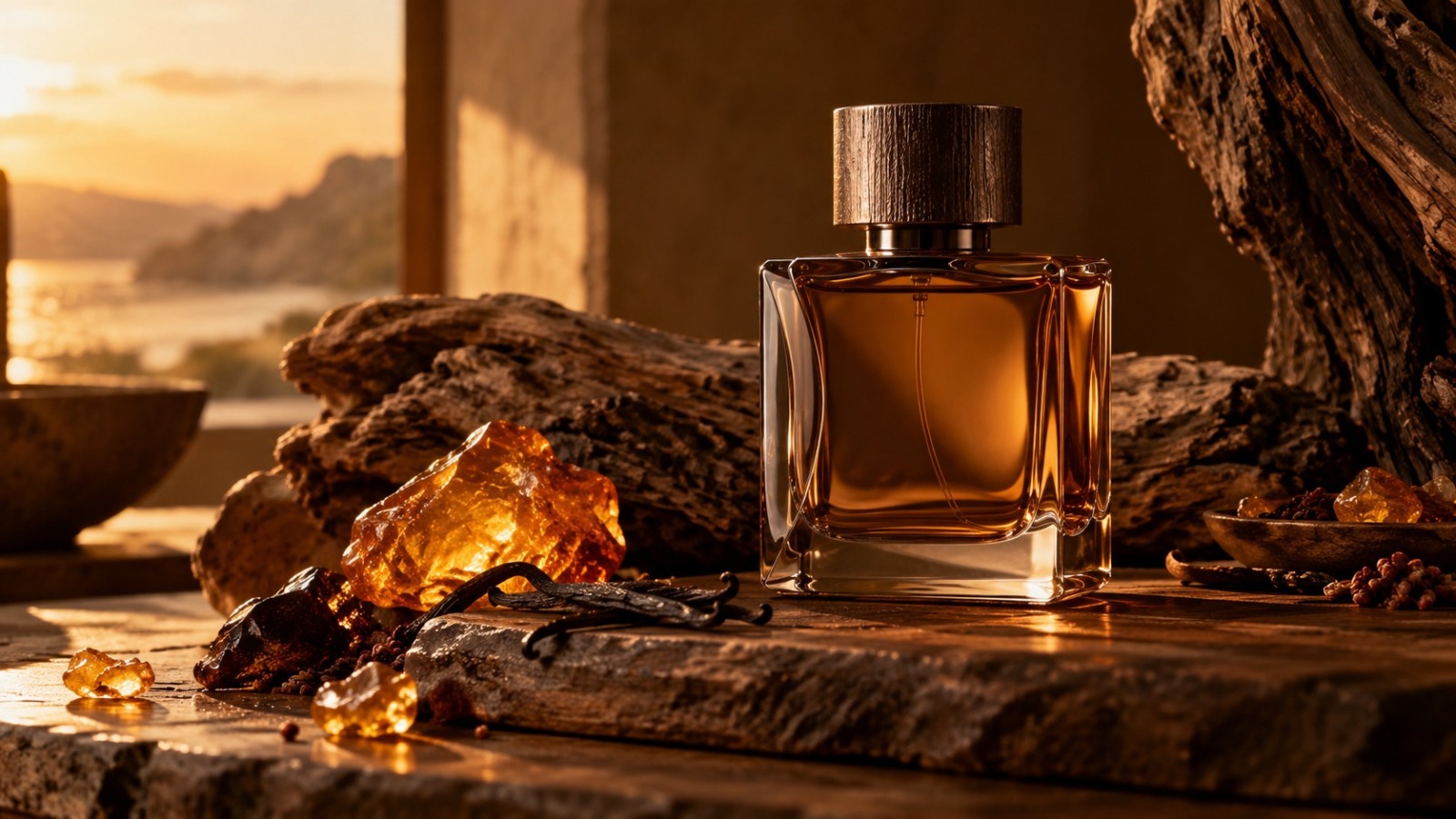 Amber wood perfume bottle styled with amber resin
