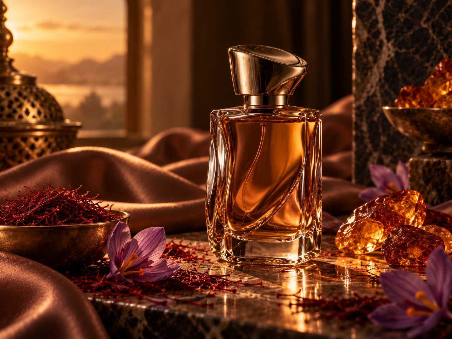 Ambery saffron perfume bottle with saffron