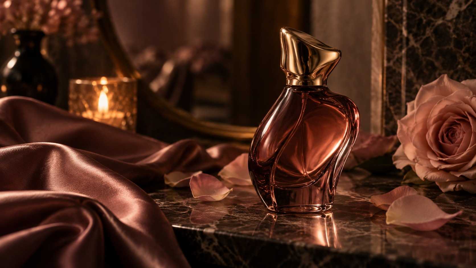 Sensual perfume bottle with blush rose petals