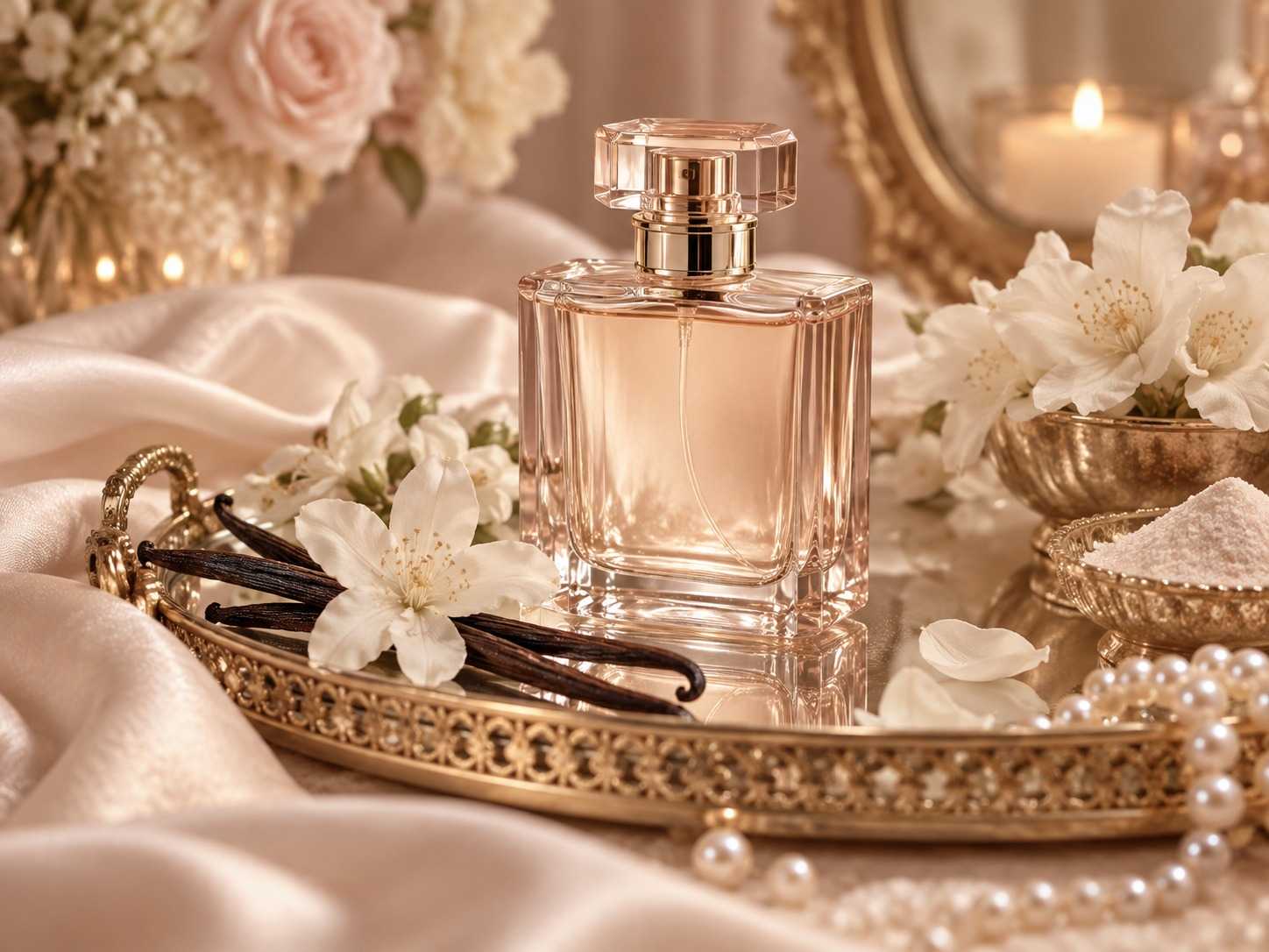 Vanilla and musk perfume bottle with white