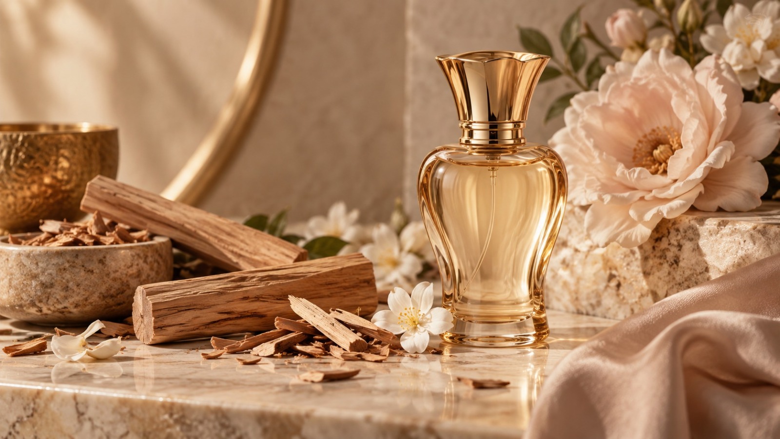 Golden sandalwood perfume bottle with sandalwood
