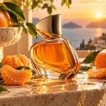 Mandarin perfume bottle with ripe mandarins and
