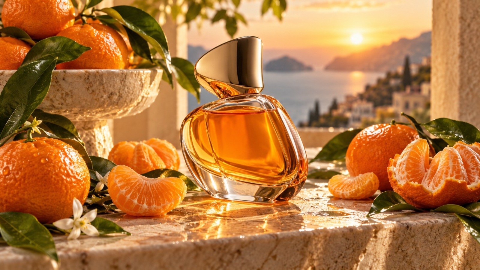 Mandarin perfume bottle with ripe mandarins and
