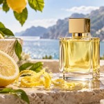 Lemon perfume bottle with fresh lemons and citrus