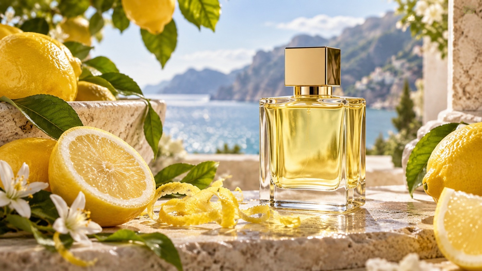 Lemon perfume bottle with fresh lemons and citrus