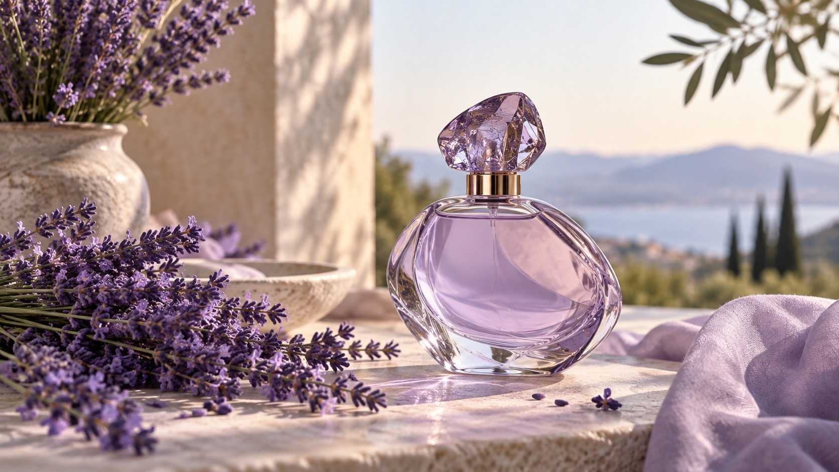 Lavender perfume bottle with fresh lavender on a