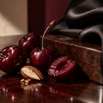 Deep red cherries and an almond beside dark wood