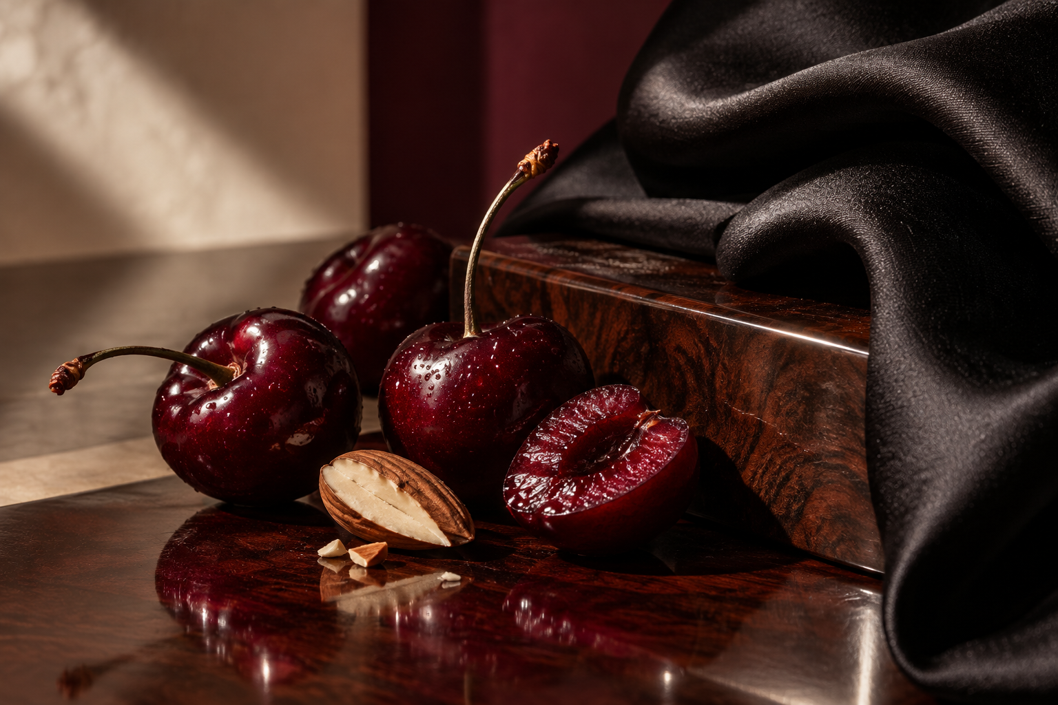 Deep red cherries and an almond beside dark wood