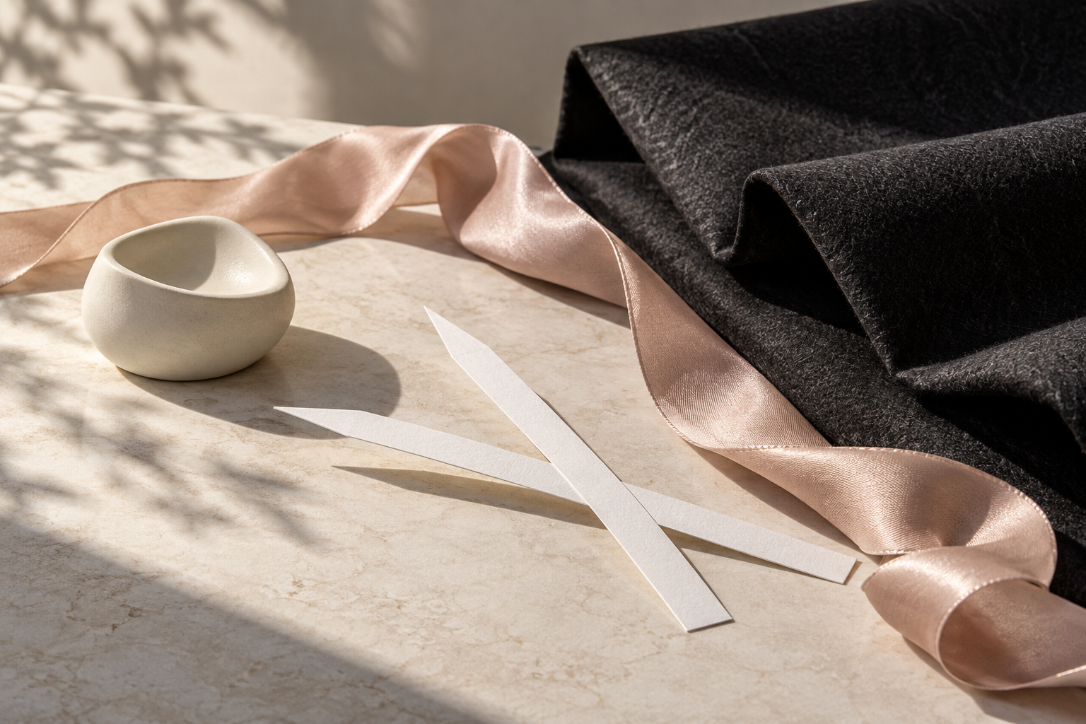 Two perfume blotters beside blush silk and dark
