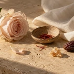 Rose, saffron, frankincense resin and a date on