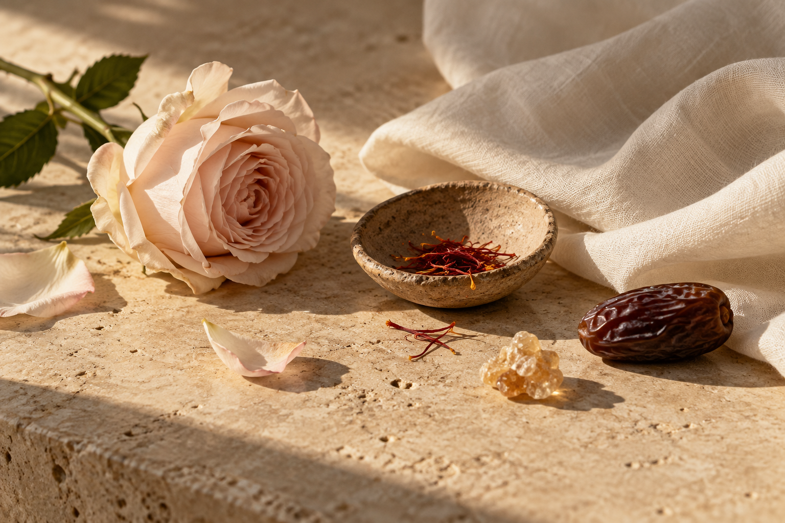 Rose, saffron, frankincense resin and a date on