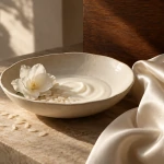 White cream, rice grains and a white flower