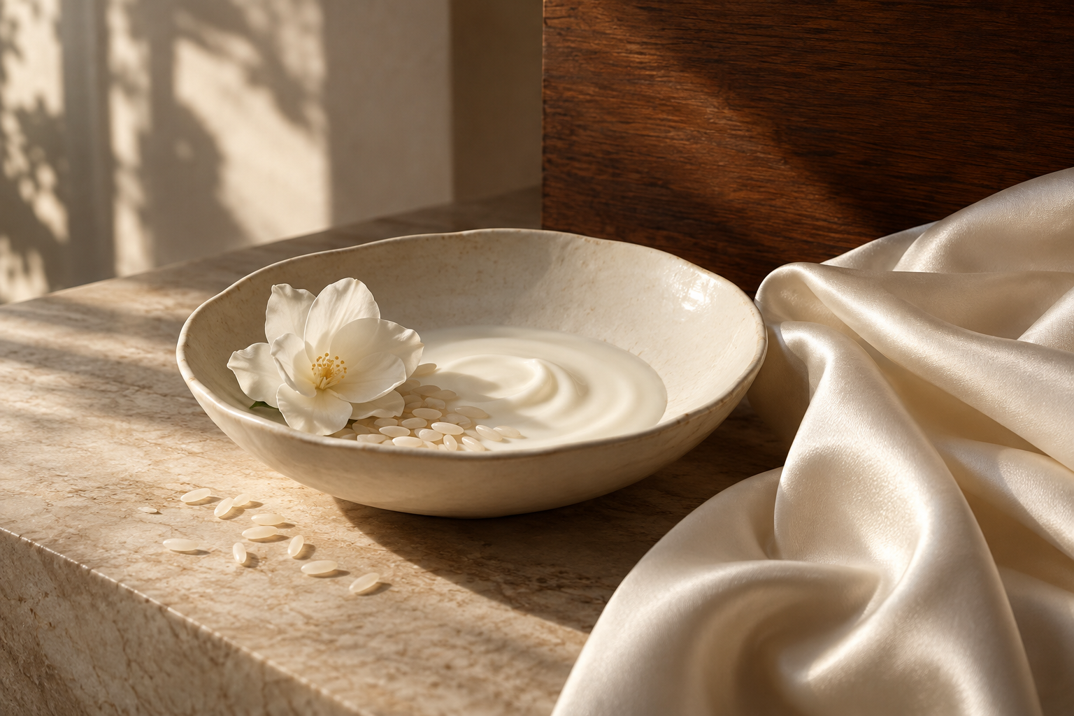 White cream, rice grains and a white flower
