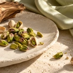 Green pistachio kernels and shells beside olive