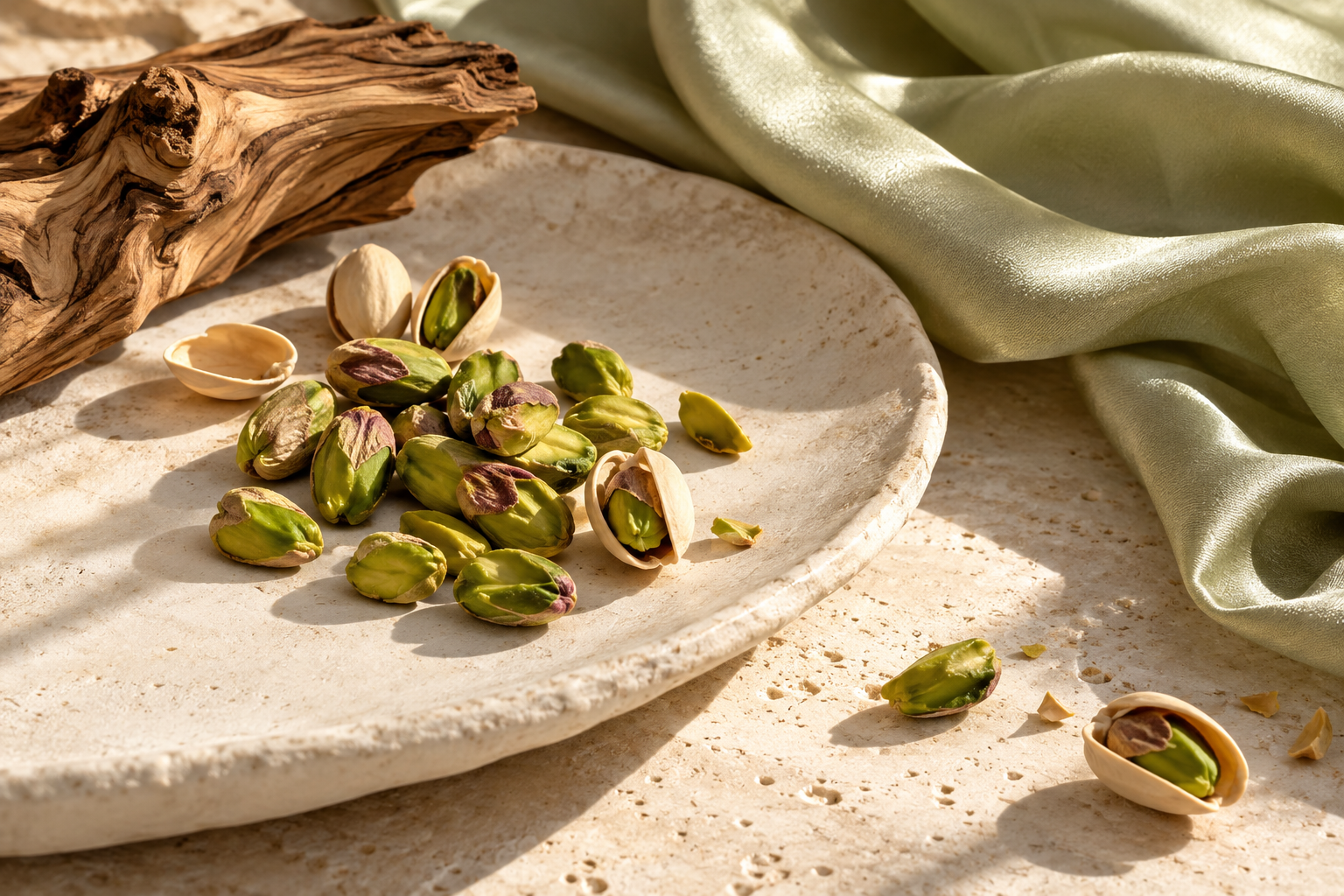 Green pistachio kernels and shells beside olive