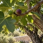 Large green fig leaves, green and purple figs and