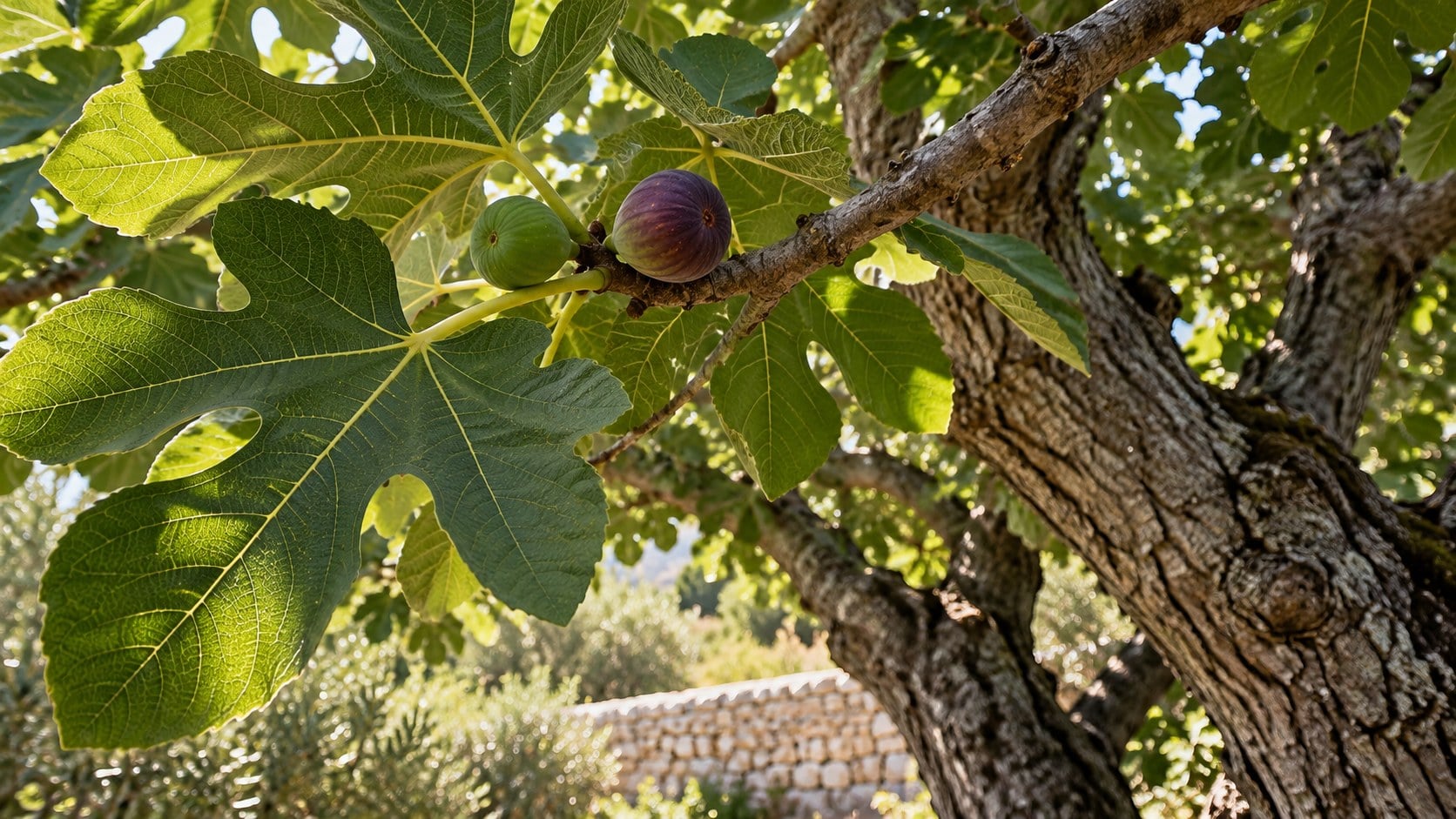 Large green fig leaves, green and purple figs and
