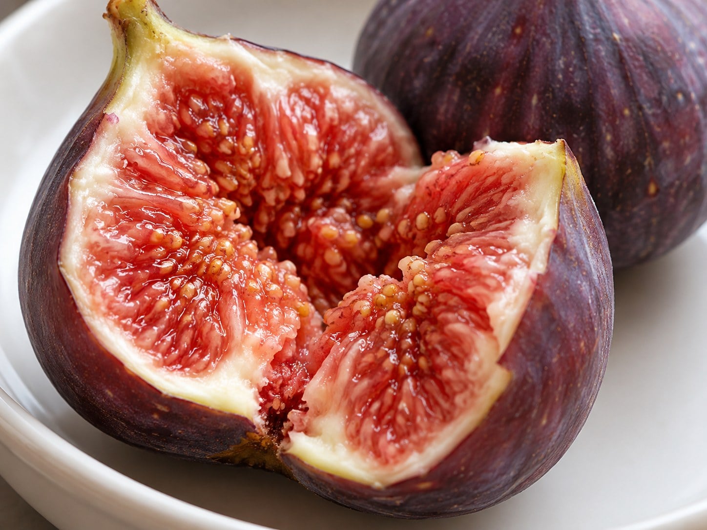 The pink-red flesh of an opened purple fig fills