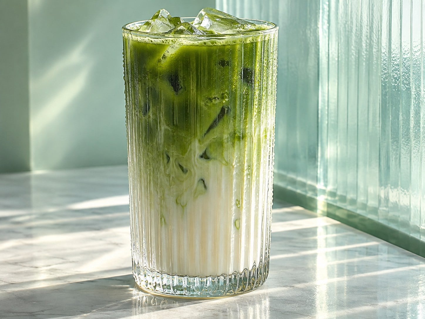 Dark green matcha meets pale milk in a ribbed